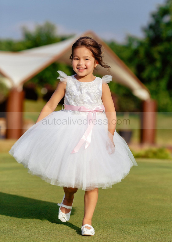 Feifei Sleeve White Lace Tulle Tutu Flower Girl Dress